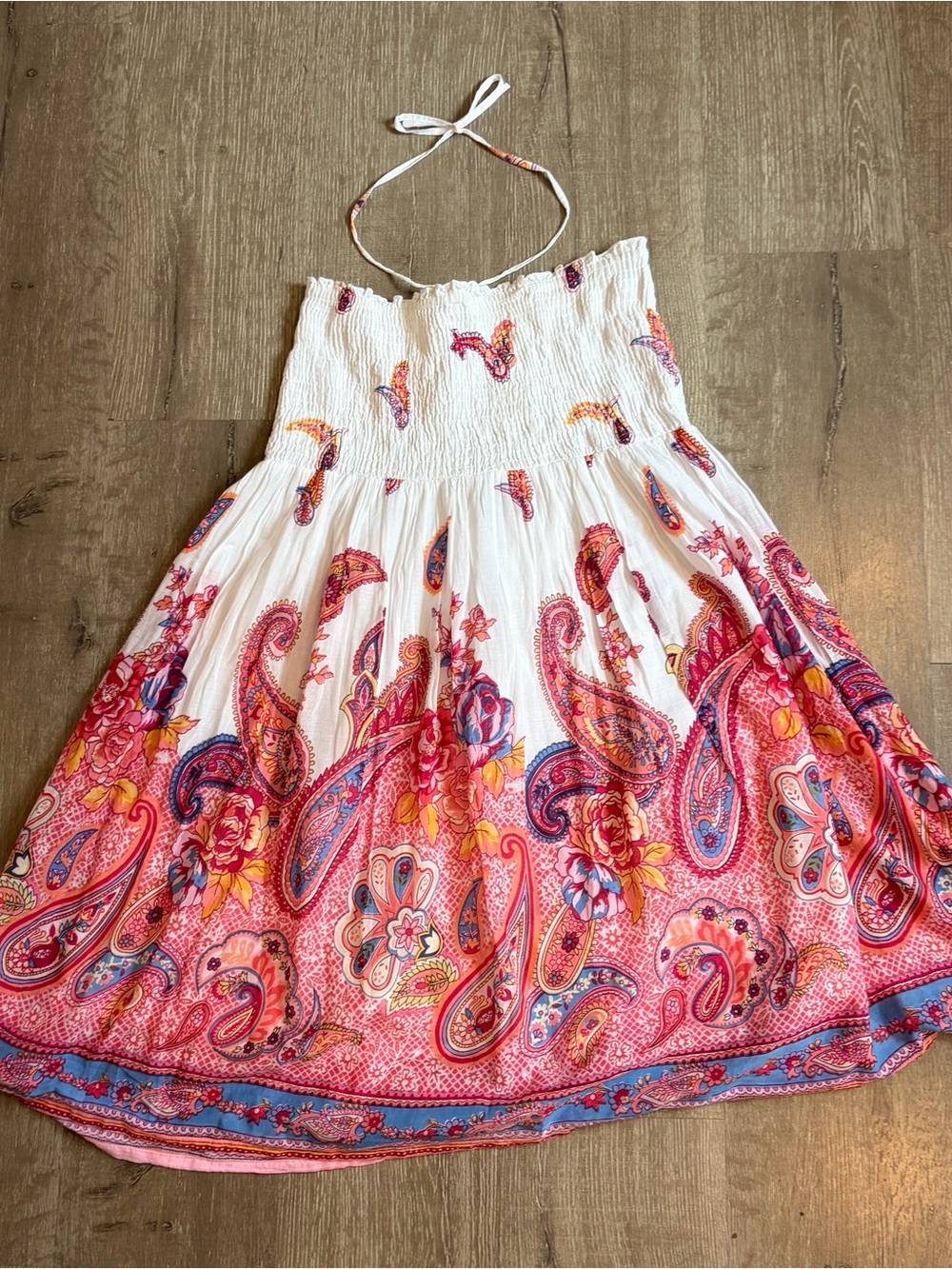 White & Pink Paisley Smocked Waist Sundress Skirt Sz M